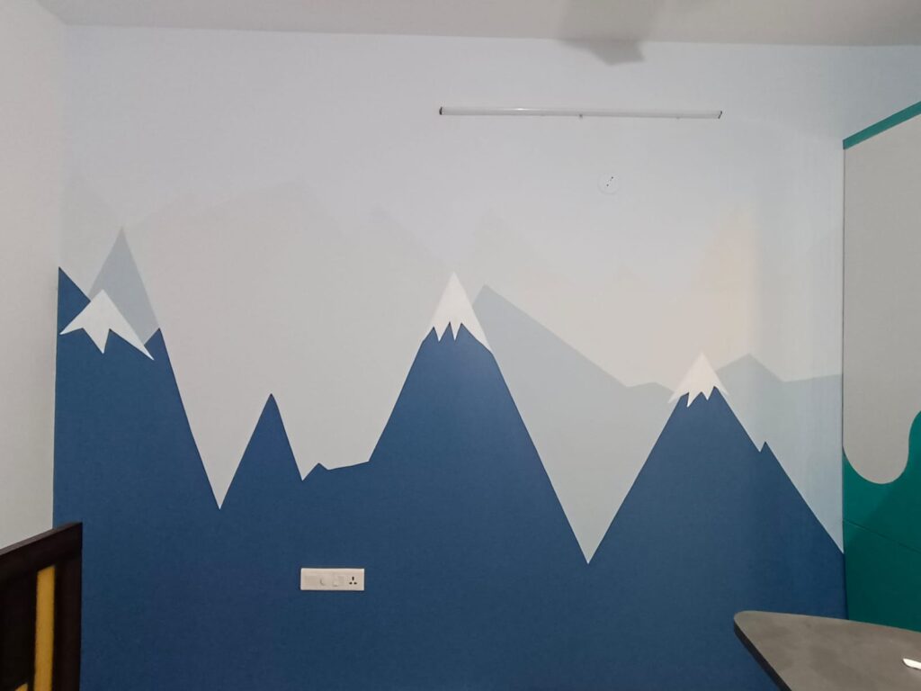 A room with a mountain mural on the wall.