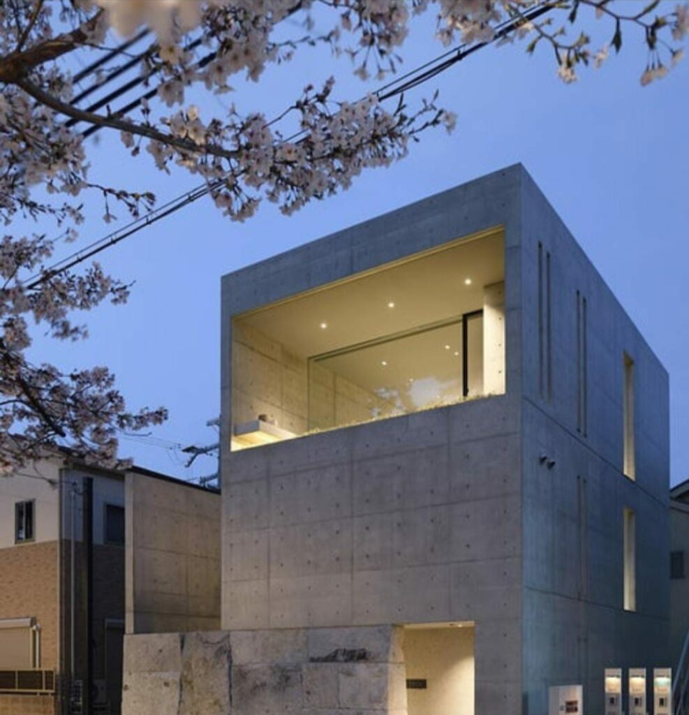 A modern concrete house with a tree in front, showcasing contemporary architecture and a touch of nature.